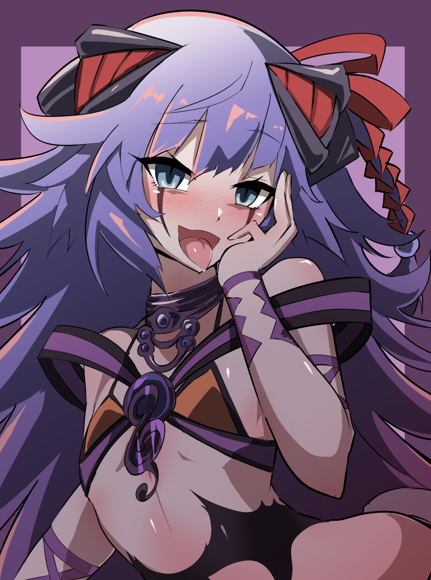 absurdres bra commentary duel_monster female hair_ribbon highres ib_(yu-gi-oh!) knightmare_corruptor_iblee long_hair midriff purple_hair ribbon solo synchroman tongue tongue_out underwear very_long_hair yu-gi-oh!