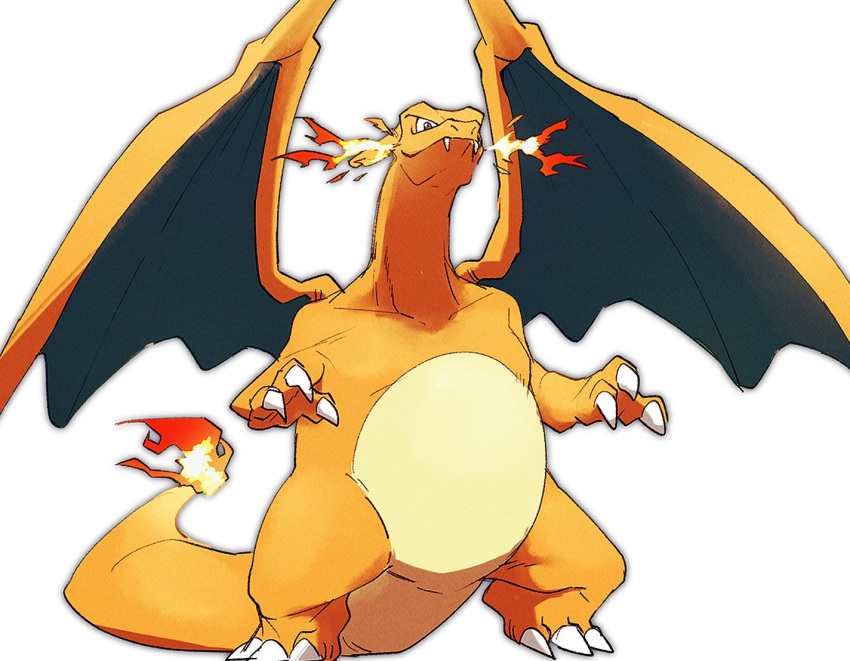 charizard claws commentary_request fangs fangs_out fire flame-tipped_tail looking_down morio_(poke_orio) no_humans pokemon pokemon_(creature) simple_background solo standing white_background