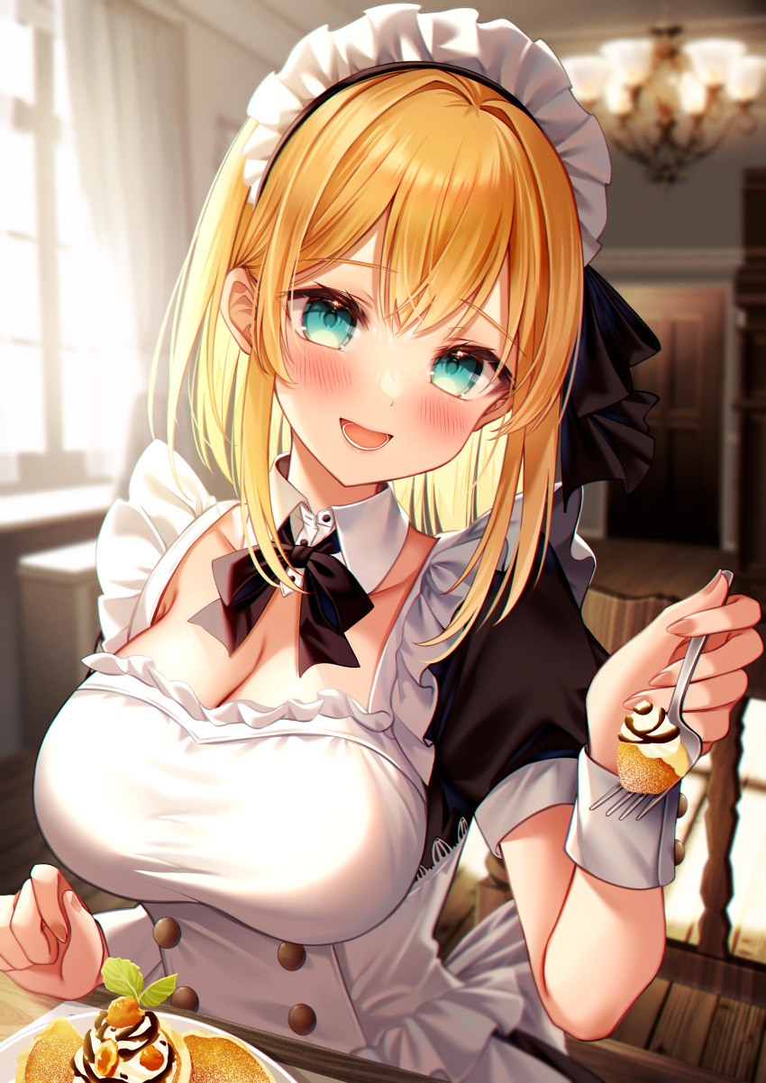 absurdres aqua_eyes bad_id bad_pixiv_id black_ribbon blonde_hair blush breasts cleavage commentary_request curtains detached_collar door feeding female food fork hair_ribbon hand_up happy highres holding holding_fork incoming_food indoors kuro_namako large_breasts maid maid_headdress medium_hair open_mouth original pink_nails ribbon short_hair short_sleeves solo window wrist_cuffs