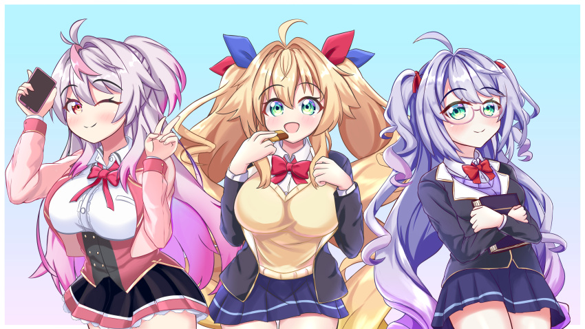 3girls absurdres ahoge alternate_costume azur_lane black_jacket black_skirt blonde_hair blue_background book bow breasts brown_sweater cellphone collared_shirt cowboy_shot english_commentary fj_hatsu green_eyes grenville_(azur_lane) highres holding holding_book holding_phone jacket l'opiniatre_(azur_lane) large_breasts le_temeraire_(azur_lane) long_hair looking_at_viewer microskirt multiple_girls one_eye_closed open_clothes open_jacket open_mouth oppai_loli phone pink_jacket pleated_skirt purple_eyes purple_hair purple_skirt red_bow school_uniform shirt simple_background skirt smartphone sweater twintails two-tone_skirt underbust very_long_hair white_shirt