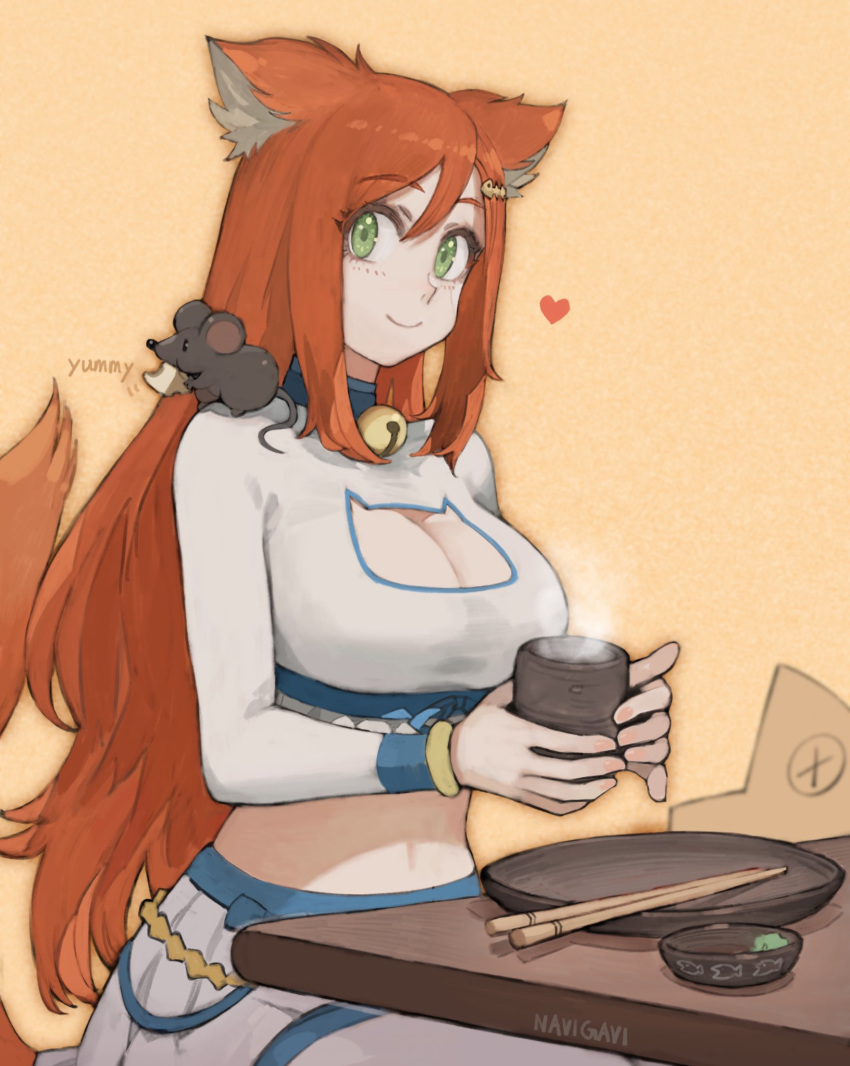 animal_ears animal_on_shoulder artist_name breasts brown_hair cat_cutout cheese chopsticks cleavage cleavage_cutout closed_mouth clothing_cutout commentary commission cowboy_shot crop_top cup female food green_eyes hair_between_eyes heart highres holding holding_cup jenna_lynn_meowri jun_(navigavi) long_hair long_sleeves looking_at_viewer midriff mouse_(animal) mouse_on_shoulder navel open_mouth orange_background original plate pleated_skirt sidelocks simple_background sitting skeb_commission skirt smile solo steam table tail very_long_hair white_skirt