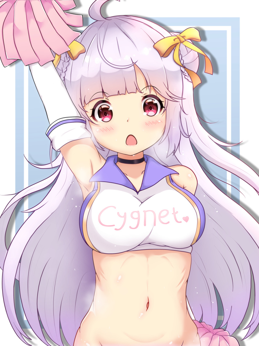 absurdres ahoge arm_behind_back armpits arms_up azur_lane blunt_bangs bow braid braided_bun character_name cheerleader choker collarbone commentary_request cygnet_(azur_lane) cygnet_(royal_fanfare)_(azur_lane) double_bun elbow_gloves female gloves groin hair_bun hair_ribbon hairbow highres holding long_hair looking_at_viewer md5_mismatch midriff navel no_panties official_alternate_costume pom_pom_(cheerleading) red_eyes resolution_mismatch ribbon sidelocks simple_background solo source_smaller white_hair zendamu