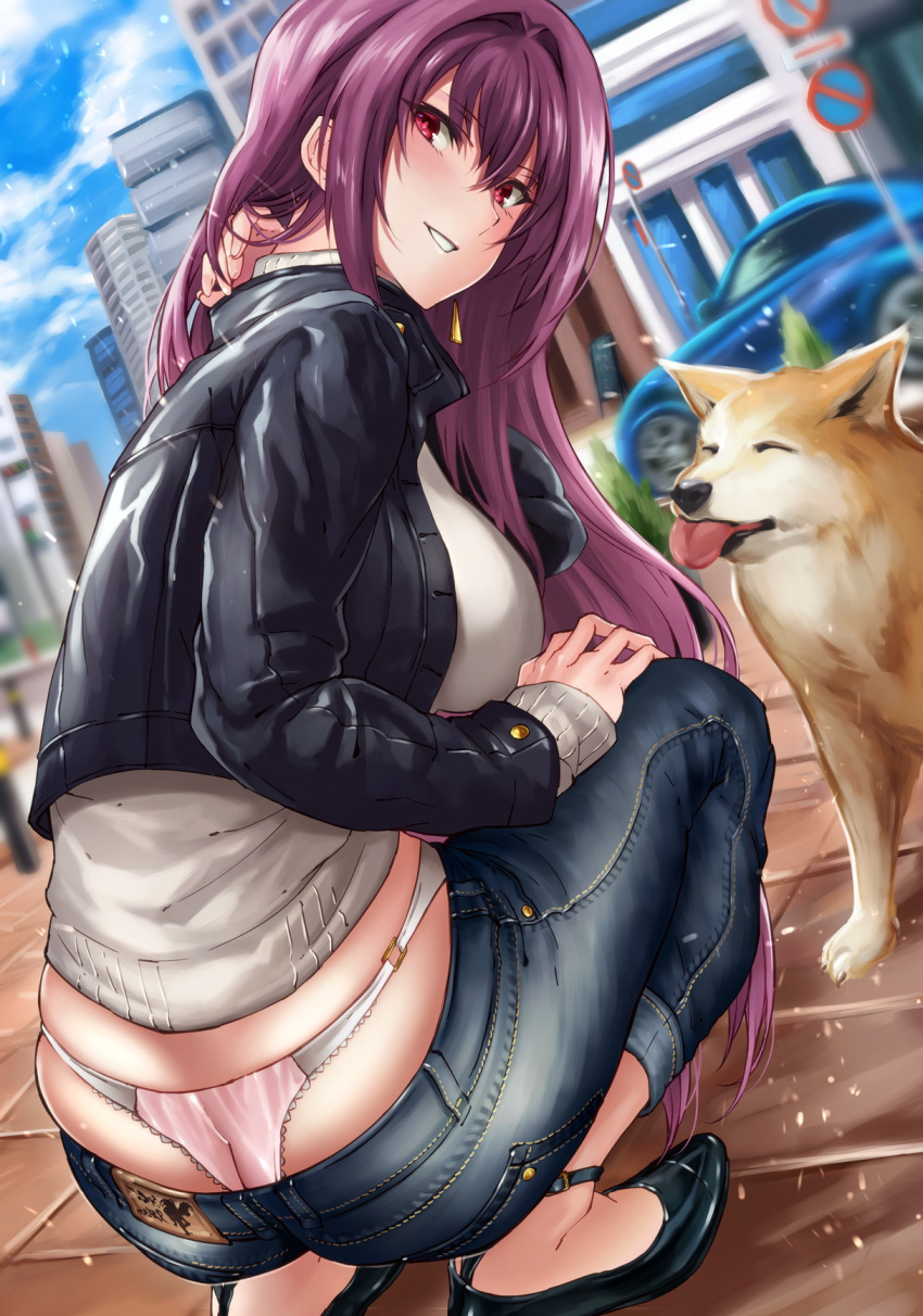 ass black_footwear black_jacket blue_jacket blue_sky breasts canine car city cropped_jacket day denim downpants earrings female from_behind grin hair_between_eyes hair_intakes highres hikari_(komitiookami) jacket jeans jewelry large_breasts long_hair long_sleeves looking_at_viewer looking_back lowleg lowleg_pants motor_vehicle original outdoors panties pants parted_lips pink_panties purple_hair red_eyes revision road shiba_inu shoes sidelocks single_earring skindentation sky smile solo squatting sweater two-tone_panties underwear whale_tail_(clothing) white_panties white_sweater