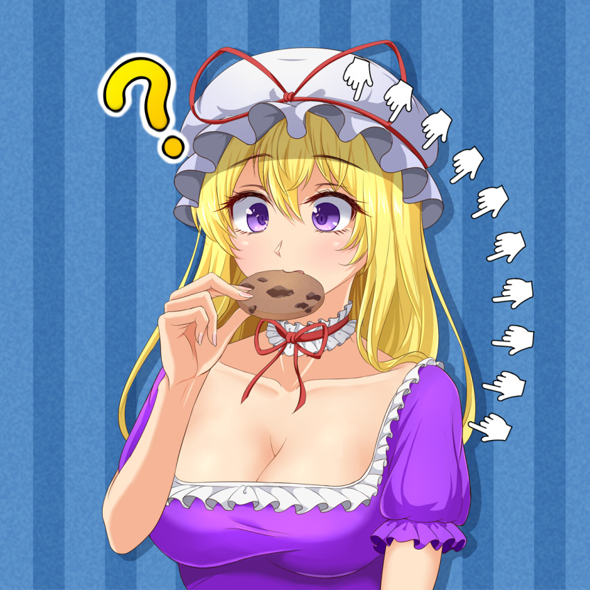 ? blonde_hair blue_background breasts chocolate_chip_cookie cleavage collarbone commentary_request cookie cookie_clicker cursor dress eating eyelashes female food hat hidaruma highres long_hair medium_breasts mob_cap puffy_short_sleeves puffy_sleeves purple_dress purple_eyes red_ribbon ribbon short_sleeves striped striped_background touhou two-tone_background white_headwear yakumo_yukari