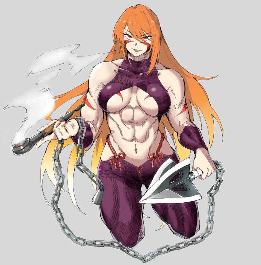 abs blonde_hair body_markings breasts chains commentary_request cowboy_shot eyes_visible_through_hair facepaint female fuuma_kotarou_(tenkaichi) gradient_hair grey_background hair_between_eyes halterneck hatching_(texture) highres holding holding_smoking_pipe holding_weapon japanese_clothes kiseru large_breasts long_hair looking_at_viewer multicolored_hair muscular muscular_female navel nexas obliques orange_eyes orange_hair pants parted_lips revealing_clothes shuriken simple_background smoke smoking smoking_pipe solo tattoo tenkaichi_nihon_saikyou_bugeisha_ketteisen underboob weapon wristband