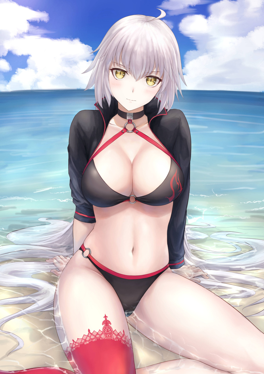 absurdres ahoge beach bikini black_bikini black_choker black_jacket blue_sky blush breasts choker cleavage closed_mouth collarbone cropped_jacket day fate/grand_order fate_(series) female highres jacket jeanne_d'arc_alter_(fate) jeanne_d'arc_alter_(swimsuit_berserker)_(fate) large_breasts long_hair long_sleeves looking_at_viewer navel o-ring o-ring_bikini ocean okuma707 outdoors pale_skin red_thighhighs revision single_thighhigh sitting sky solo stomach swimsuit thighhighs thighs very_long_hair white_hair yellow_eyes