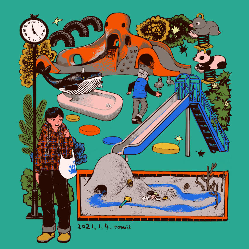 2boys aqua_background bag bird black_hair black_pants braid clock dated highres hood hood_down leaf long_hair long_sleeves multiple_boys original pants plaid_hoodie playground procreate_(medium) sandbox shoes signature slide tire tomidoron twin_braids whale yellow_footwear