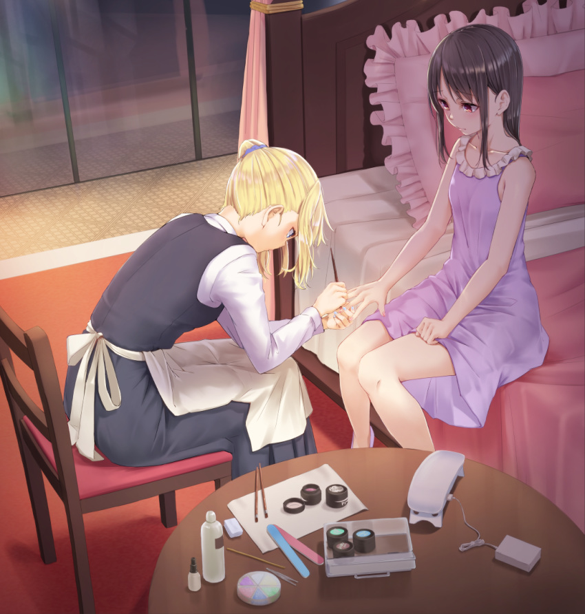 2girls applying_manicure apron bare_arms bare_shoulders bed black_dress black_hair blonde_hair blue_eyes blue_nails blue_scrunchie chair closed_mouth collarbone commentary_request dress frilled_dress frilled_pillow frills funyariko hair_down hair_ornament hair_scrunchie hand_grab hayasaka_ai indoors kaguya-sama_wa_kokurasetai_~tensai-tachi_no_renai_zunousen~ leaning_forward long_hair long_sleeves looking_at_another maid multiple_girls nail_polish on_bed painting_fingernails pillow profile purple_dress purple_footwear red_eyes scrunchie shinomiya_kaguya shirt side_ponytail sidelocks sitting sleeveless sleeveless_dress table waist_apron white_apron white_shirt window