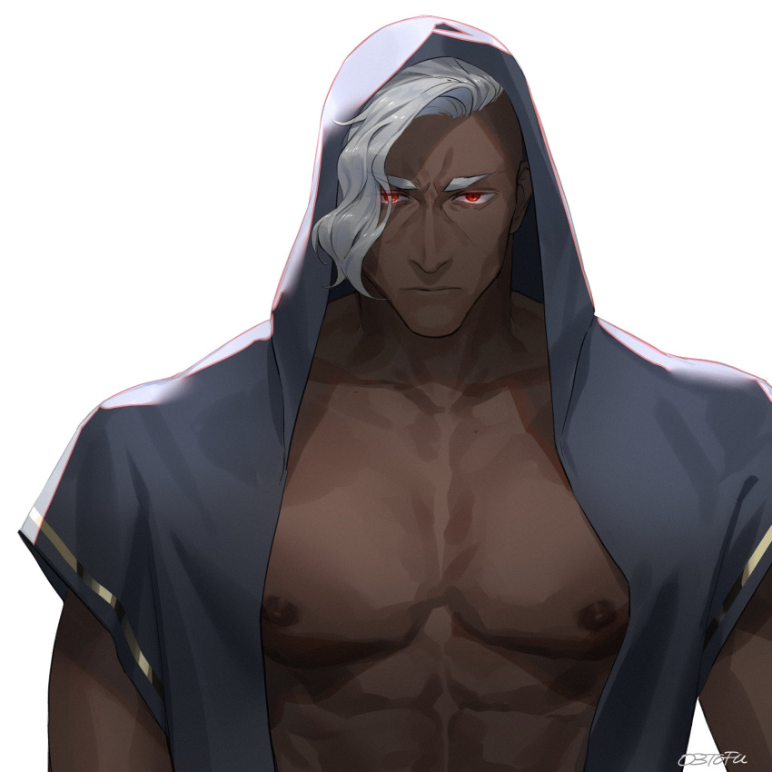 1boy abs artist_name bara bare_pectorals close-up dark-skinned_male dark_skin frown highres hood hoodie jacket large_pectorals looking_at_viewer male_focus manly muscular muscular_male nipples o3tofu open_clothes open_jacket original pectorals red_eyes silver_hair solo upper_body