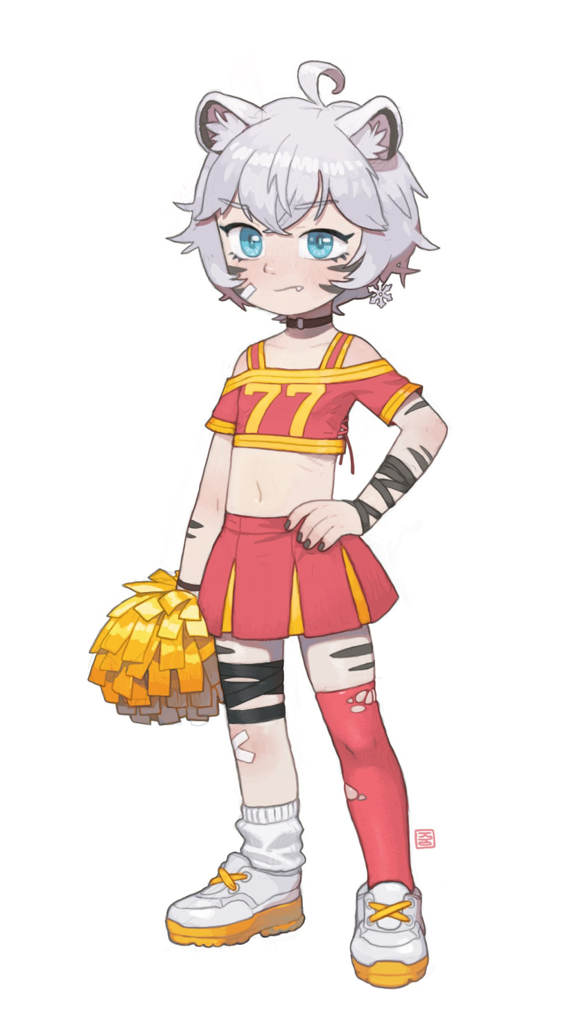 absurd_res ahoge alternative_fashion animal_ears animal_humanoid band-aid band-aid_on_face band-aid_on_knee band-aid_on_leg bandage bandage_on_face bandaged_arm bandaged_leg blue_eyes cheerleader cheerleader_outfit choker clothing cute_fangs eyelashes fangs felid felid_humanoid femboy footwear grey_hair hair hand_on_hip hi_res humanoid jewelry male mammal mammal_humanoid midriff mismatched_legwear mismatched_socks navel necklace pantherine pantherine_humanoid pom_poms possummachine shoes short_hair simple_background solo taigaxholic teeth tiger_humanoid torn_clothing torn_thigh_highs white_hair young young_humanoid young_male