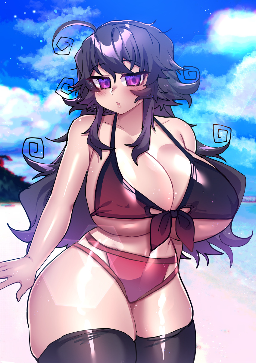 :o ahoge beach bikini black_bikini blue_sky breasts cloud crawling_dreams day female front-tie_bikini_top front-tie_top highres huge_breasts long_hair nyarla_(osiimi) osiimi outdoors purple_eyes purple_hair sidelocks sky solo stuffed_toy sunlight swimsuit thick_thighs thighhighs thighs