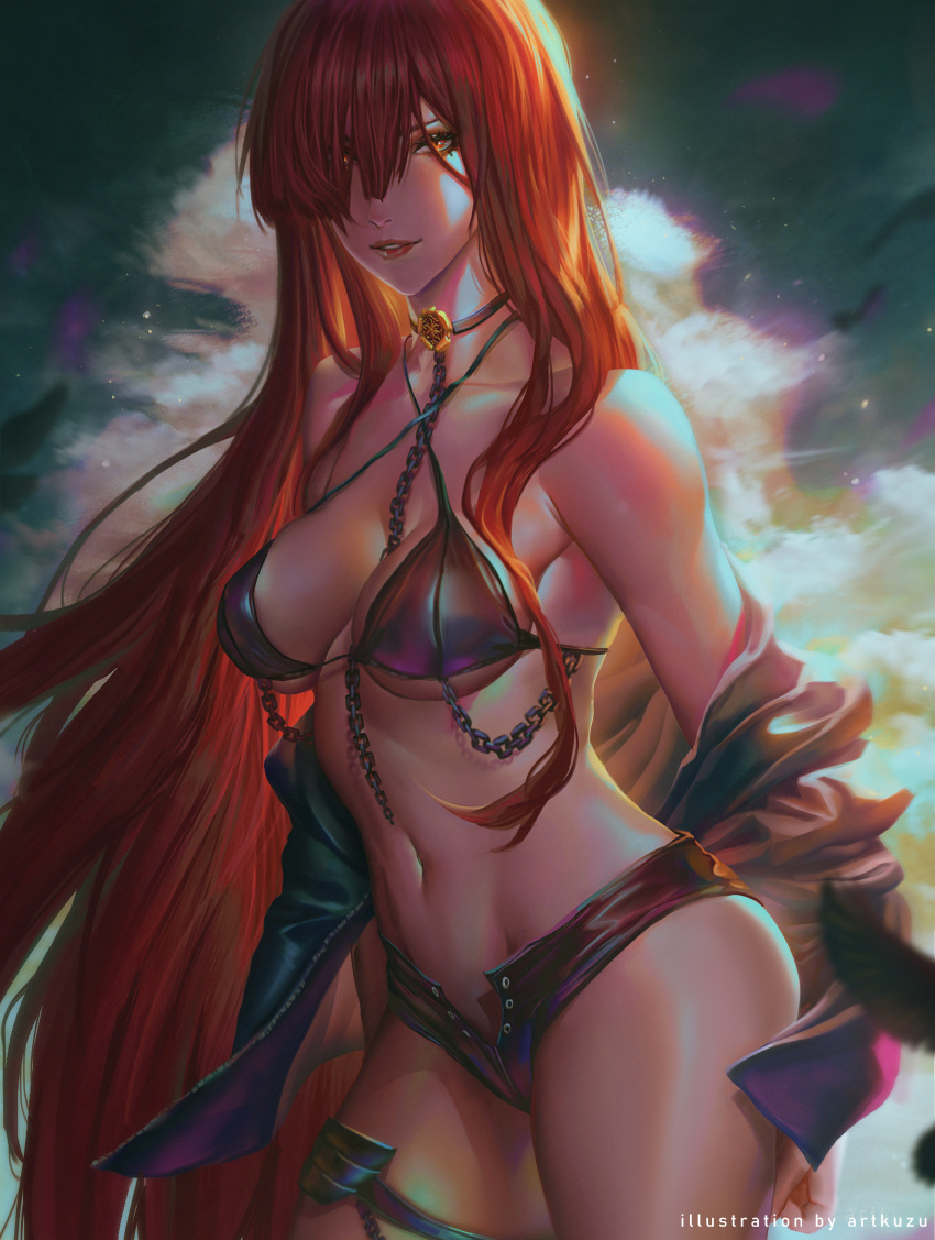 absurdres artofkuzu bikini black_bikini breasts chains fate/grand_order fate_(series) female hair_over_one_eye highres jacket koha-ace long_hair long_sleeves looking_at_viewer micro_shorts navel oda_nobunaga_(fate) oda_nobunaga_(maou_avenger)_(fate) off_shoulder open_clothes open_jacket parted_lips photoshop_(medium) red_eyes red_hair shorts smile solo swimsuit thighs