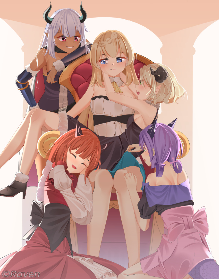 5girls absurdres aizawa_azusa arm_rest arms_around_neck artist_name ascot back beelzebub_(slime_taoshite_300_nen) blonde_hair blue_eyes blue_hair blush braid breasts chestnut_mouth cleavage closed_eyes clothes_lift column commentary dark-skinned_female dark_skin demon_girl demon_horns detached_sleeves dragon_girl dragon_horns dragon_tail english_commentary flatorte_(slime_taoshite_300_nen) green_eyes grin harem high_heels highres horns indoors laika_(slime_taoshite_300_nen) long_hair looking_at_another looking_to_the_side maid medium_breasts medium_hair multiple_girls open_mouth pillar pointy_ears provato_pecora_aries raven_(artist) red_eyes red_hair shoes sideboob sitting sitting_on_lap sitting_on_person skirt skirt_lift slime_taoshite_300_nen_shiranai_uchi_ni_level_max_ni_nattemashita smile tail teeth throne upper_teeth_only wariza wavy_mouth white_hair yuri