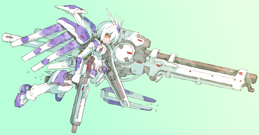 beam_cannon beam_rifle char's_counterattack char's_counterattack_-_beltorchika's_children commentary energy_gun female fin_funnels funnels_(gundam) gundam hi-nu_gundam mecha_musume nakayama_tooru science_fiction shield short_hair sidelocks solo v-fin weapon white_hair yellow_eyes