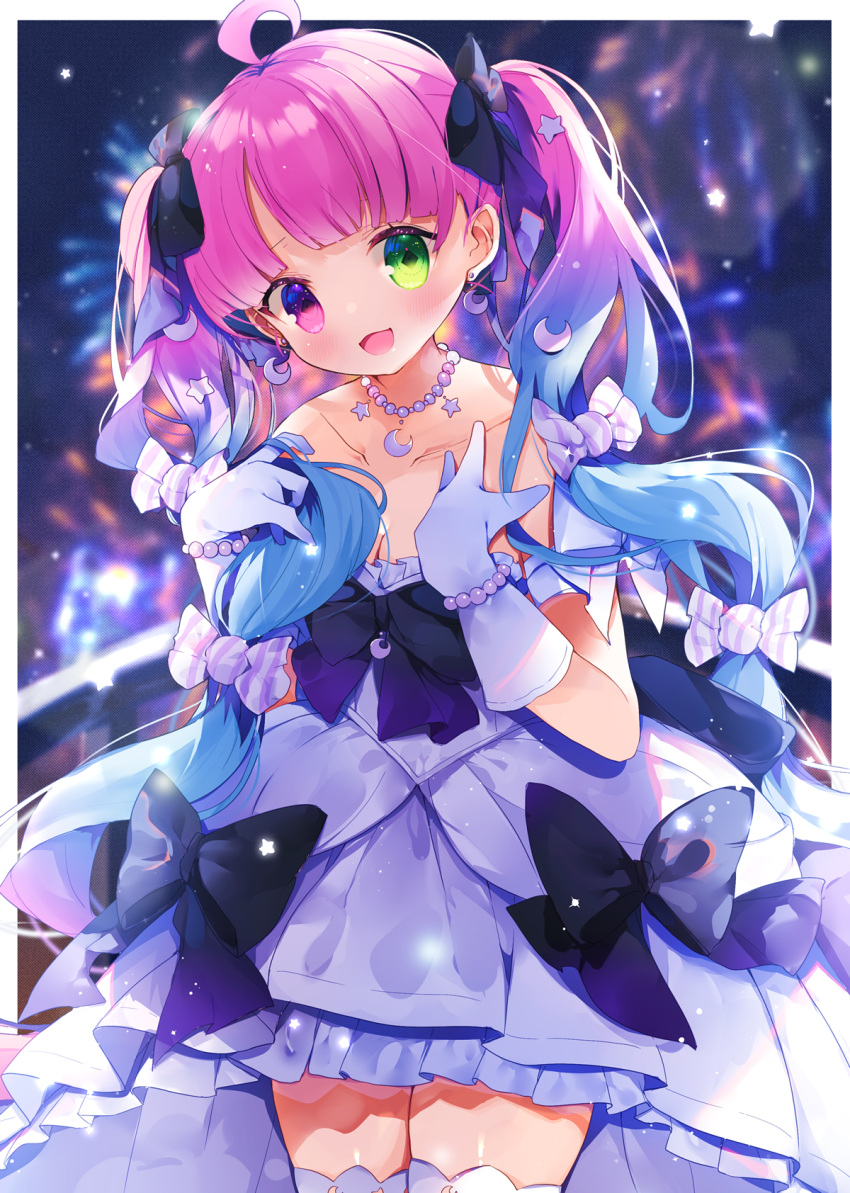 :d ahoge bad_id bad_pixiv_id bare_shoulders blush bracelet candy_hair_ornament crescent crescent_necklace diamond-shaped_pupils diamond_(shape) dress female food-themed_hair_ornament frilled_dress frills gloves gradient_hair green_eyes hair_ornament hand_on_own_chest heterochromia high-low_skirt highres himemori_luna himemori_luna_(4th_costume) hololive jewelry long_hair looking_at_viewer multicolored_hair necklace official_alternate_costume official_alternate_hairstyle open_mouth pearl_bracelet pearl_necklace pink_hair purple_eyes purple_hair ribbon-trimmed_dress sailor_collar short_dress smile solo strapless strapless_dress symbol-shaped_pupils thighhighs very_long_hair virtual_youtuber white_dress white_gloves white_sailor_collar white_thighhighs yun_(dust-i1) zettai_ryouiki