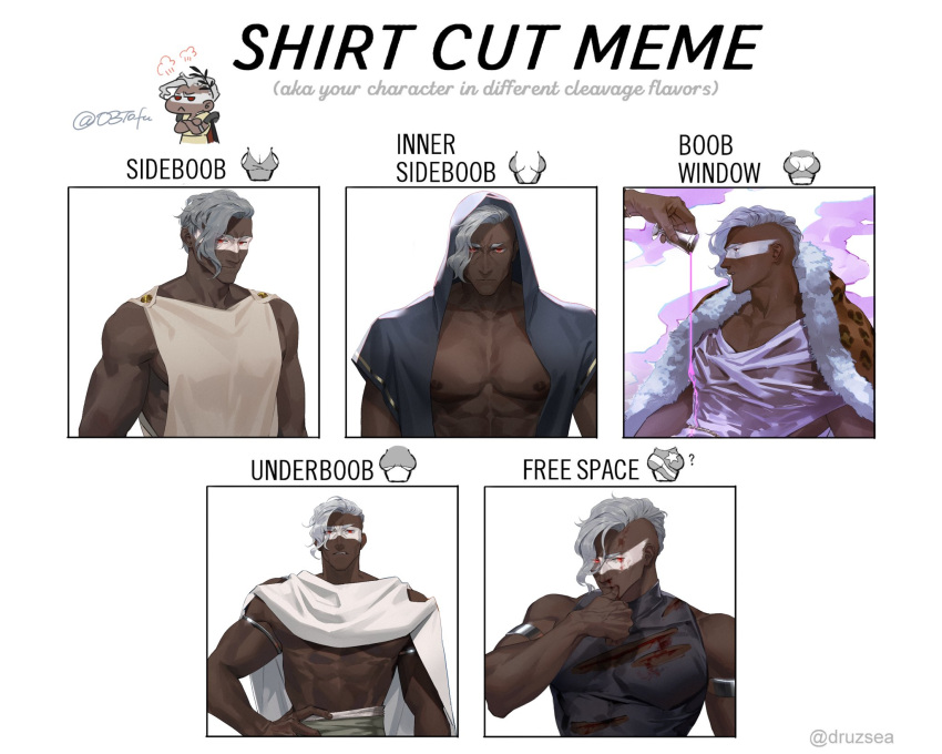 1boy abs armband artist_name bara bare_pectorals biceps blood cape capelet dark-skinned_male dark_skin highres hood hoodie injury jacket large_pectorals looking_at_viewer male_focus manly meme muscular muscular_male nipples o3tofu open_clothes open_jacket original paint paint_on_body pectoral_cleavage pectorals potion red_eyes shirt shirt_cut_(meme) sidepec silver_hair sleeveless solo tight turtleneck upper_body wet wet_clothes