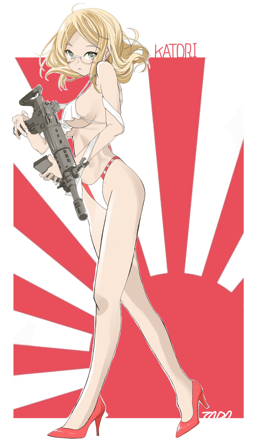 absurdres alternate_costume artist_name assault_rifle bikini blonde_hair breasts character_name female from_side full_body green_eyes gun high_heels highres holding holding_gun holding_magazine_(weapon) holding_weapon howa_type_89 japanese_flag kantai_collection katori_(kancolle) large_breasts looking_at_viewer magazine_(weapon) red_footwear rifle rising_sun_flag sideboob simple_background solo sunburst swimsuit tada_(tactical_tada) underboob weapon white_background white_bikini