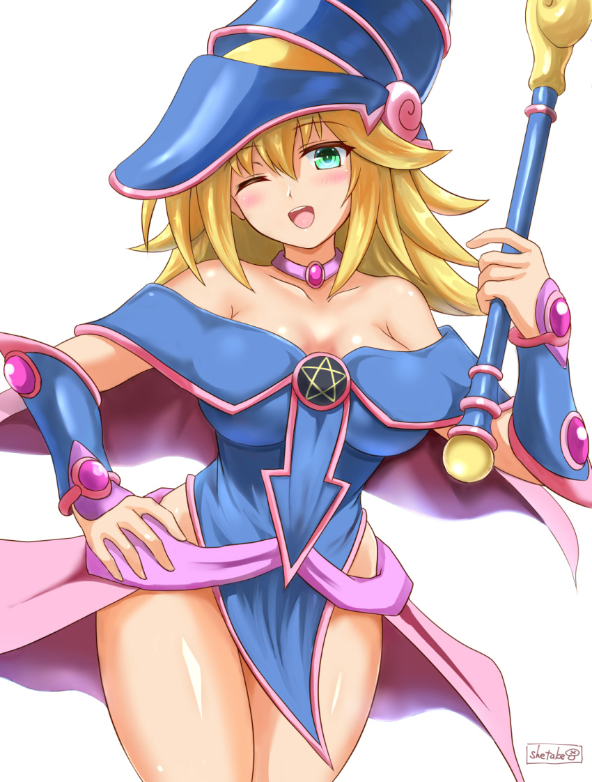 artist_name bare_shoulders blonde_hair blush breasts cleavage collarbone dark_magician_girl duel_monster female green_eyes hand_on_own_hip highres large_breasts looking_at_viewer one_eye_closed open_mouth pelvic_curtain shetake showgirl_skirt smile solo teeth thighs upper_teeth_only yu-gi-oh!