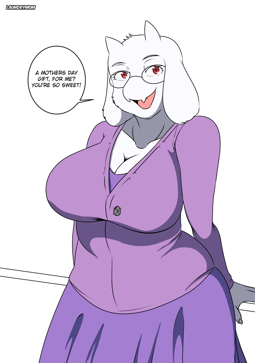 absurd_res anthro artist_name black_text boss_monster_(undertale) bovid breasts caprine cleavage clothed clothing collarbone dialogue english_text eyewear female fur glasses hi_res horn laundrymom looking_at_viewer mammal open_mouth pink_tongue purple_clothing red_eyes simple_background solo speech_bubble talking_to_viewer text tongue toriel undertale undertale_(series) white_background white_body white_ears white_fur white_horn