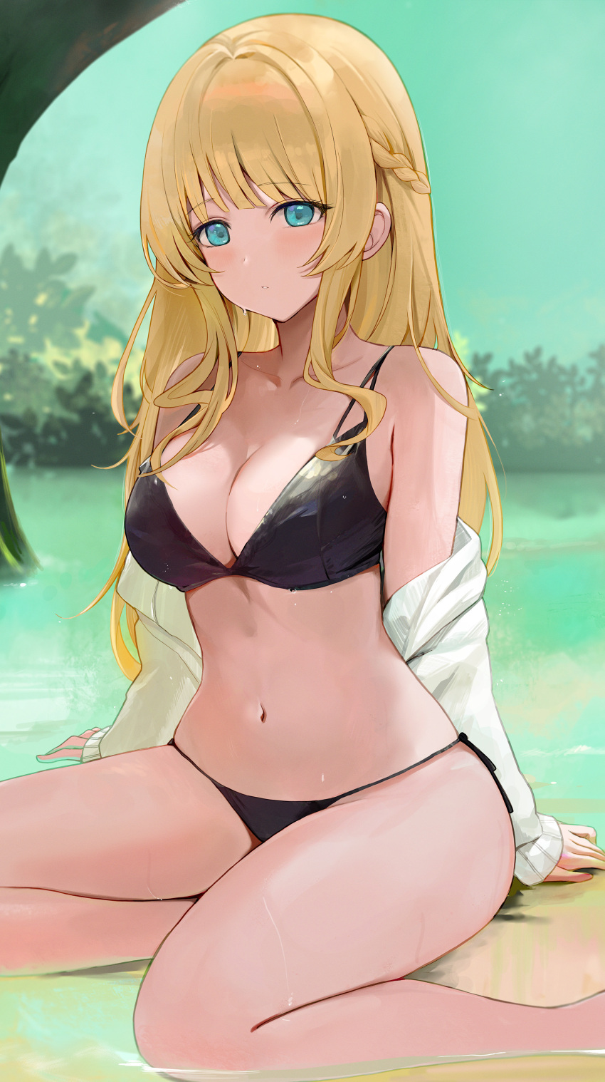 absurdres aqua_eyes bad_id bad_pixiv_id bikini black_bikini blonde_hair blush braid breasts cleavage commentary crown_braid expressionless female foliage green_eyes highres jacket long_hair long_sleeves looking_at_viewer medium_breasts navel original outdoors side-tie_bikini_bottom sitting solo swimsuit tomura2maru wading white_jacket