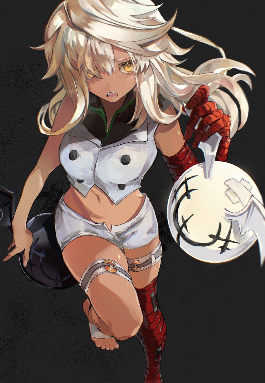 bandages black_background crop_top dark-skinned_female dark_skin female found_modori guilty_gear guilty_gear_strive hair_over_one_eye highres long_hair midriff navel open_mouth platinum_blonde_hair ramlethal_valentine red_bandage running sharp_teeth short_shorts shorts simple_background solo stomach teeth thigh_strap thighs yellow_eyes