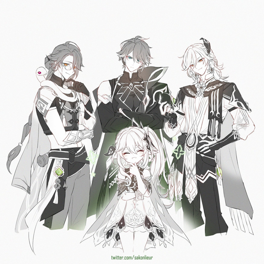 3boys alhaitham_(genshin_impact) baizhu_(genshin_impact) changsheng_(genshin_impact) closed_eyes commentary cropped_legs crossed_arms dress elbow_gloves female genshin_impact gloves green_eyes hair_between_eyes hand_on_own_hip height_difference highres kaveh_(genshin_impact) long_hair long_sleeves looking_at_viewer midriff monochrome monocle multiple_boys nahida_(genshin_impact) open_mouth pants red_hair sakon04 shirt_tucked_in short_sleeves side_ponytail single_glove sleeveless sleeveless_dress smile snake spot_color twitter_username very_long_hair