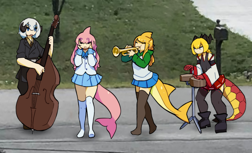 4girls apricot_(d-floe) black_horns black_legwear blonde_hair blue_eyes blue_skirt borrowed_character closed_eyes d-floe demas_(shamedic13) dolphin_girl double_bass dragon_tail horns instrument kai_(d-floe) lemon_(sheepiu) long_hair long_sleeves meme multiple_girls original photo_background pink_hair pleated_skirt scales shark_girl short_hair skirt tail thighhighs trumpet_boy_(meme) white_hair white_legwear