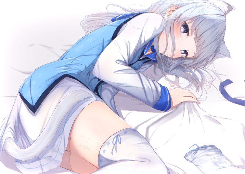 animal_ear_fluff animal_ears bed_sheet blue_eyes blue_hair blue_sailor_collar cat_ears chunithm commentary_request female highres irodorimidori kisaragi_yaya kobotoke_nagi long_hair long_sleeves looking_at_viewer lying on_side sailor_collar skirt solo thighhighs thighs white_skirt white_thighhighs