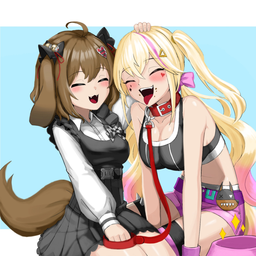 2girls :d ahoge animal_collar animal_ears bell belt biscuit_(nikke) black_dress black_sports_bra blonde_hair blush bone_hair_ornament bow bowtie breasts brown_hair buckle chagaun_gim checkered_bow checkered_bowtie checkered_clothes cleavage closed_eyes collar collarbone collared_shirt dog_ears dog_girl dog_tail dress dress_shirt facial_tattoo fangs food food_on_face goddess_of_victory:_nikke gradient_hair hair_bell hair_ornament hair_ribbon headpat heart heart_hair_ornament heart_tattoo highres holding holding_leash jackal_(nikke) leash long_hair low_twintails medium_breasts medium_hair multicolored_hair multiple_girls open_mouth pink_hair pink_ribbon pink_shorts pleated_dress puffy_sleeves red_collar ribbon shirt short_shorts shorts side_ponytail sidelocks sitting smile spiked_legwear sports_bra streaked_hair tail tattoo tongue tongue_out twintails