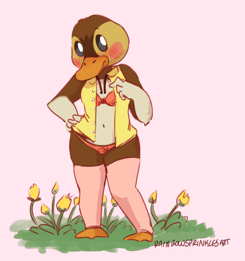 absurd_res anatid animal_crossing anseriform anthro avian beak bird blush bra clothed clothing duck female full-length_portrait hi_res looking_at_viewer molly_(animal_crossing) nintendo open_clothing open_shirt open_topwear panties portrait rainbowsprinklesart shirt solo standing topwear underwear