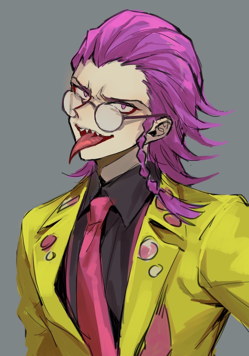 1boy bespectacled black_shirt braid collared_shirt commentary_request danganronpa_(series) danganronpa_10th_anniversary_costume danganronpa_2:_goodbye_despair formal glasses grey_background hair_slicked_back highres jacket looking_at_viewer male_focus nanin necktie official_alternate_costume open_mouth pink_eyes pink_hair pink_necktie round_eyewear sharp_teeth shirt short_hair simple_background single_braid smile soda_kazuichi solo teeth tongue tongue_out upper_body yellow_jacket