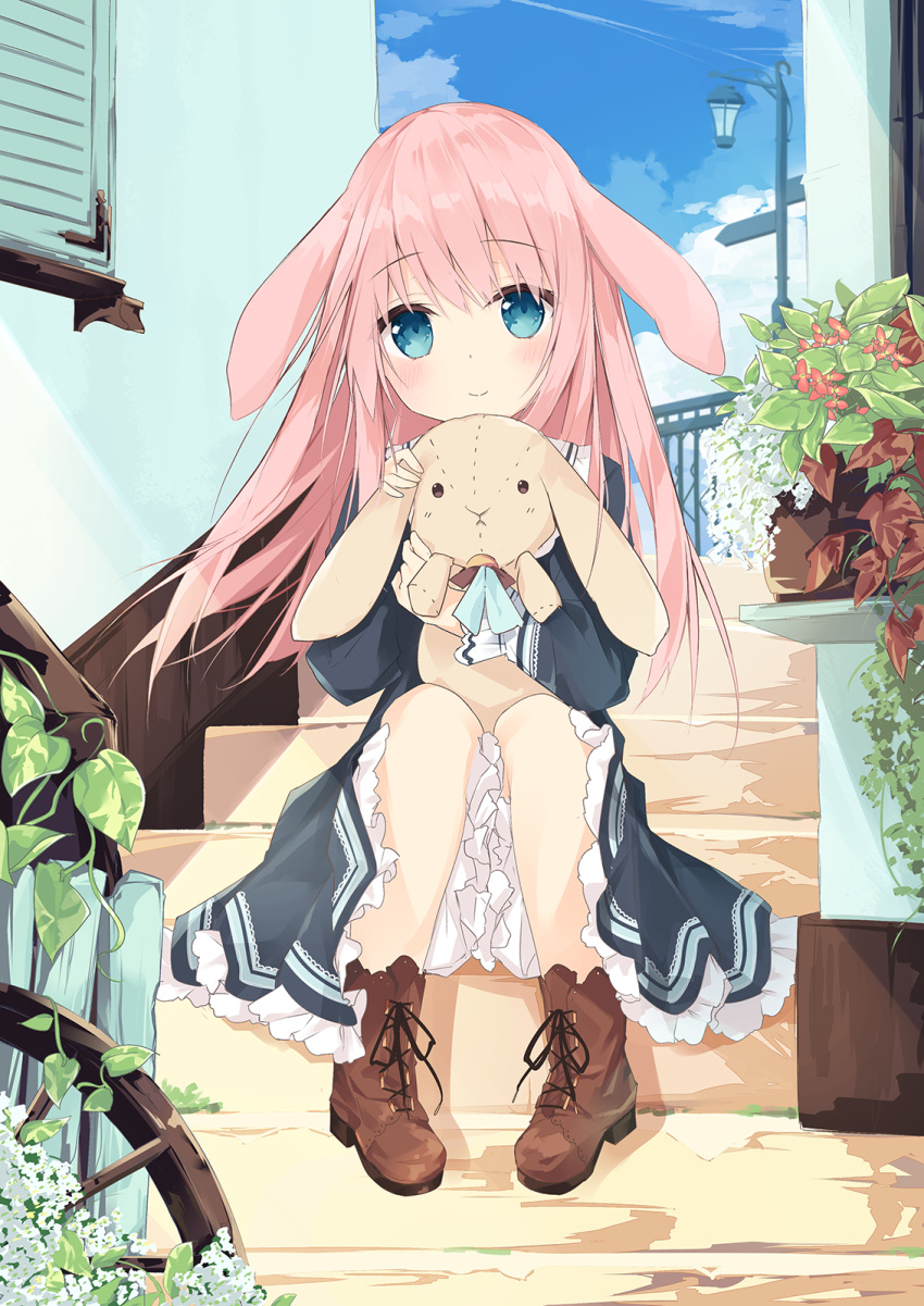 animal_ears black_dress blue_eyes blush boots brown_footwear building bunny_ears_girl_(kushida_you) closed_mouth commentary_request cross-laced_footwear day dress female flower highres hugging_object knees_up kushida_you lace-up_boots lamppost long_hair long_sleeves original outdoors pigeon-toed pink_hair puffy_long_sleeves puffy_sleeves rabbit_ears railing red_flower sitting sitting_on_stairs smile solo stairs stuffed_animal stuffed_rabbit stuffed_toy white_flower