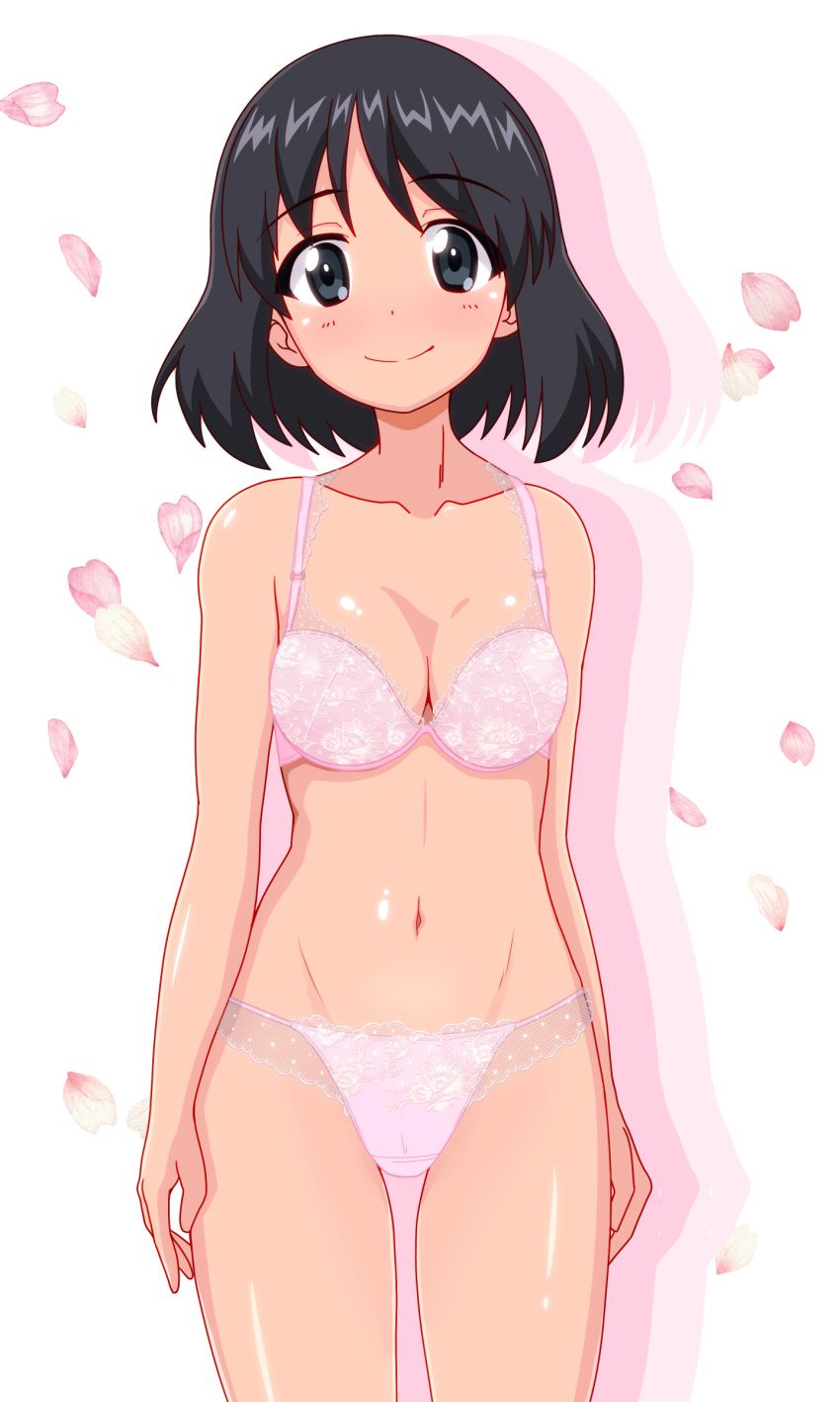 absurdres black_hair blue_eyes blush bra breasts cleavage collarbone female girls_und_panzer gogopaint highres inatomi_hibiki looking_at_viewer medium_hair navel panties pink_bra pink_panties shiny_skin simple_background small_breasts smile solo standing underwear white_background