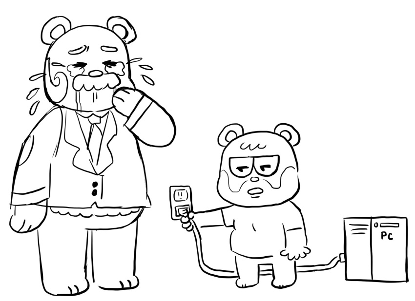 2020 animal_crossing anthro barold_(animal_crossing) bear beardo_(animal_crossing) bodily_fluids chibi clothing crying duo facial_hair hi_res male mammal mike_cubes monochrome moustache necktie nintendo shirt simple_background slightly_chubby tears topwear white_background