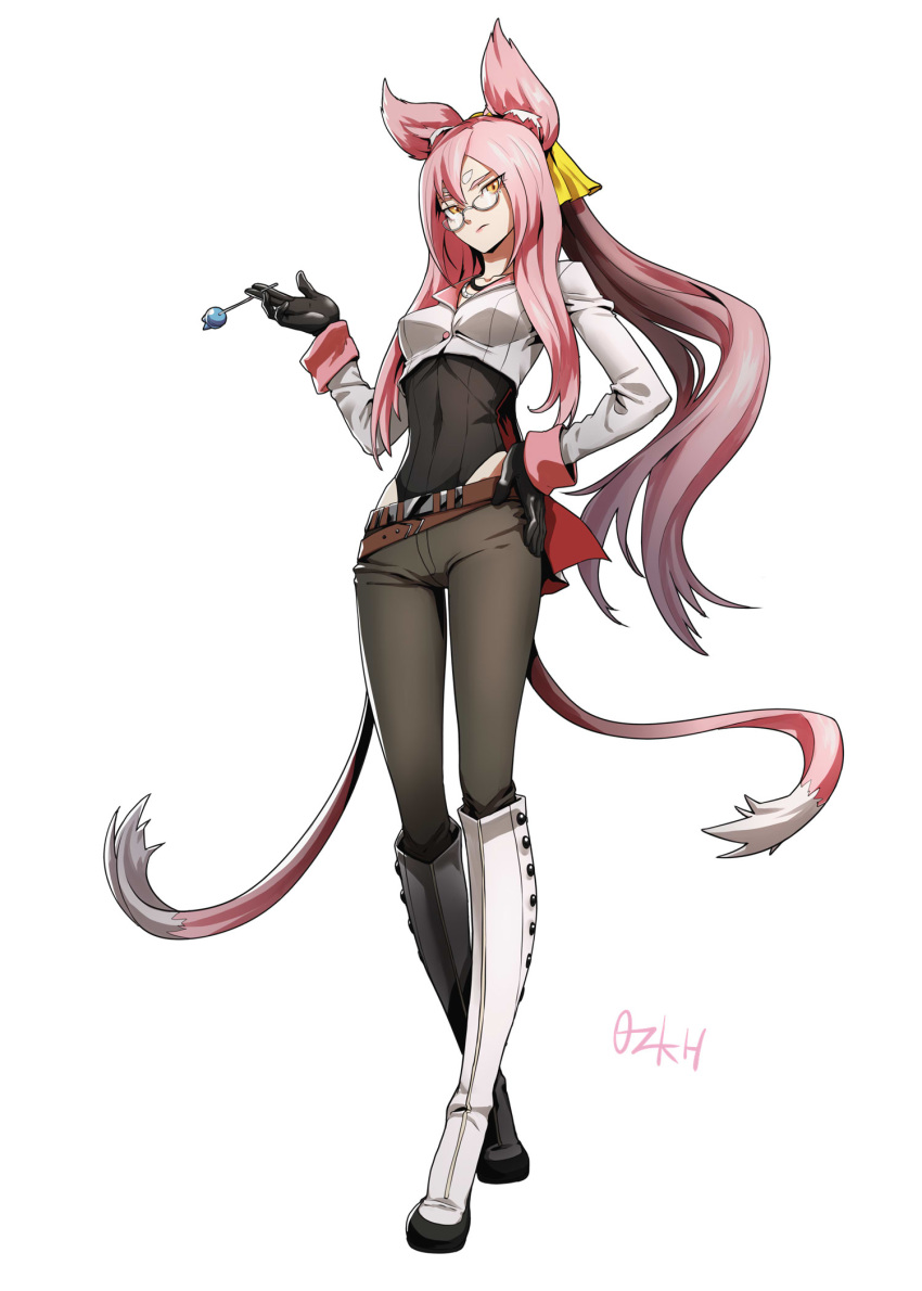 animal_ears bags_under_eyes belt blazblue blazblue:_cross_tag_battle bracelet breasts candy cat_ears cat_tail commission cosplay female food glasses gloves hair_ornament highres jewelry kokonoe_(blazblue) lollipop long_hair looking_at_viewer multiple_tails neo_politan neo_politan_(cosplay) ozkh pants pince-nez pink_hair ponytail ribbon rwby simple_background small_breasts solo tail two_side_up white_background yellow_eyes