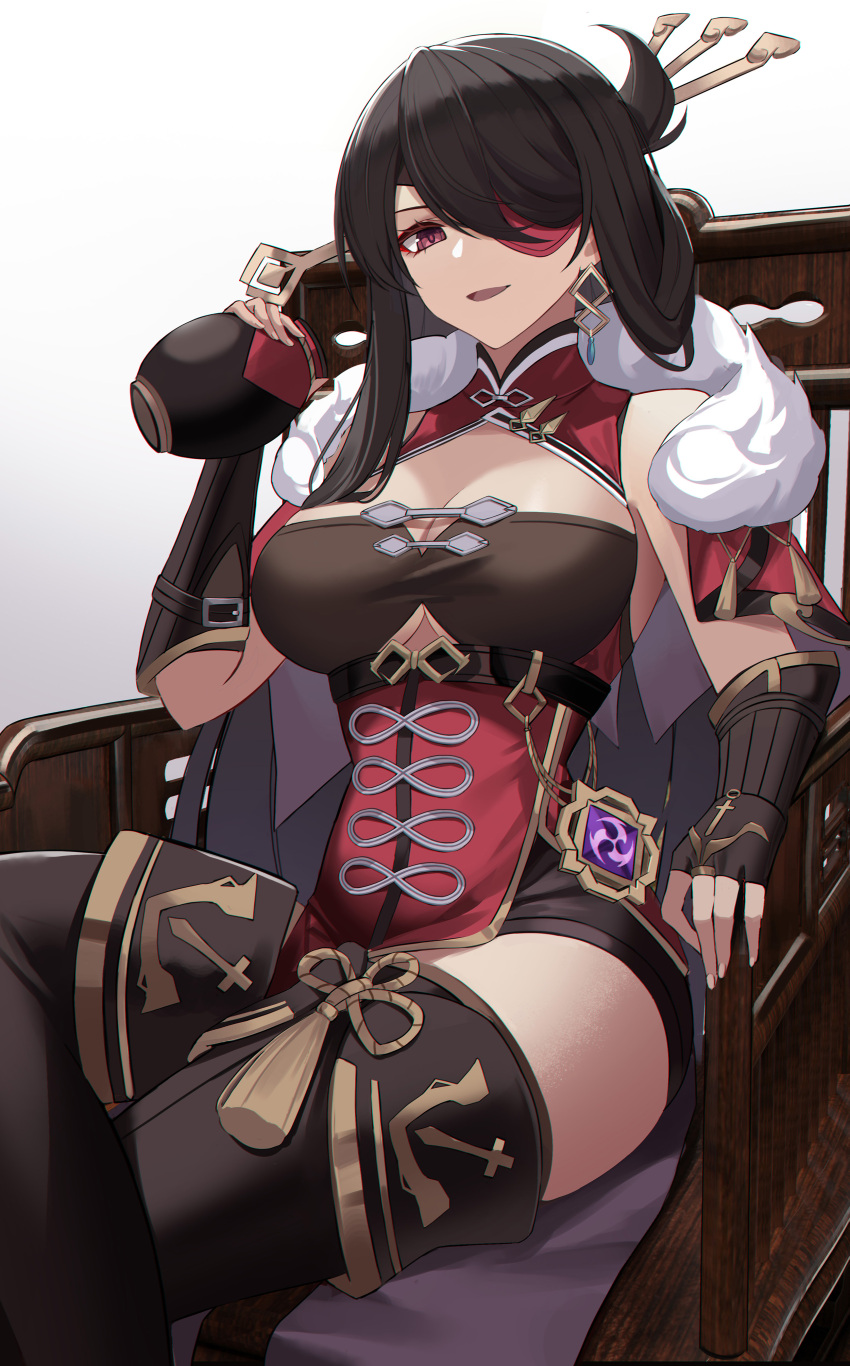 :d absurdres bare_shoulders beidou_(genshin_impact) black_hair breasts brown_eyes commentary_request corrupted_metadata eternity_(shadeh) eyepatch female genshin_impact gradient_background grey_background hair_ornament hair_stick hand_up highres holding large_breasts long_hair looking_at_viewer open_mouth sitting sleeveless smile solo thighs white_background