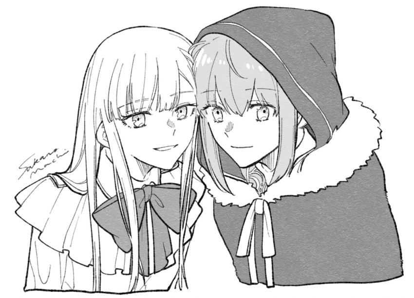 2girls artist_name bad_id bad_twitter_id bow bowtie cape closed_mouth cropped_shoulders fate_(series) fur_trim gray_(fate) greyscale highres hood hood_up hooded_cape long_hair looking_at_viewer lord_el-melloi_ii_case_files monochrome multiple_girls reines_el-melloi_archisorte ribbon sakanomachico simple_background smile