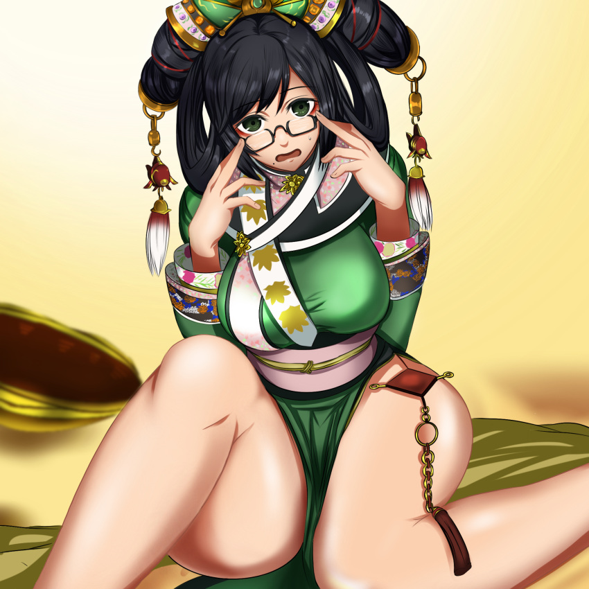 black_eyes black_hair breasts chinese_clothes female gaien_(jin_morisono) glasses hair_ornament hanfu highres large_breasts long_sleeves looking_at_viewer on_floor open_mouth pelvic_curtain samurai_spirits shield sitting thick_thighs thighs wu-ruixiang yellow_background