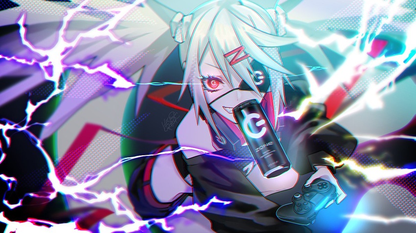 bare_shoulders belt can controller dive_to_zone electricity female game_controller hair_ornament headphones headphones_around_neck hellcircus holding holding_controller holding_game_controller long_hair power_symbol product_girl red_eyes signature smile solo teeth twintails zonko