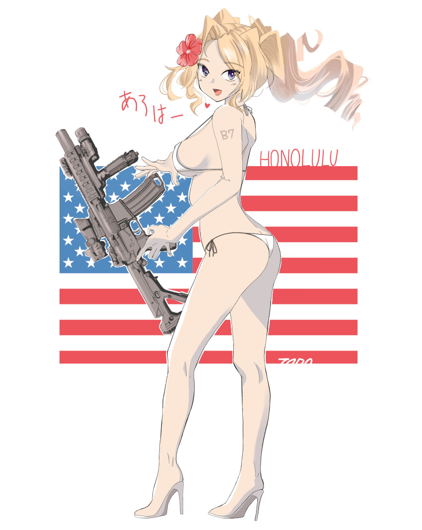 absurdres american_flag ar-15 artist_name bikini blonde_hair breasts character_name female from_side full_body grey_eyes gun heart high_heels highres holding holding_gun holding_weapon honolulu_(kancolle) honolulu_(swimsuit_mode)_(kancolle) kantai_collection large_breasts long_hair looking_at_viewer official_alternate_costume rifle scope side-tie_bikini_bottom simple_background solo swimsuit tada_(tactical_tada) weapon white_background white_bikini