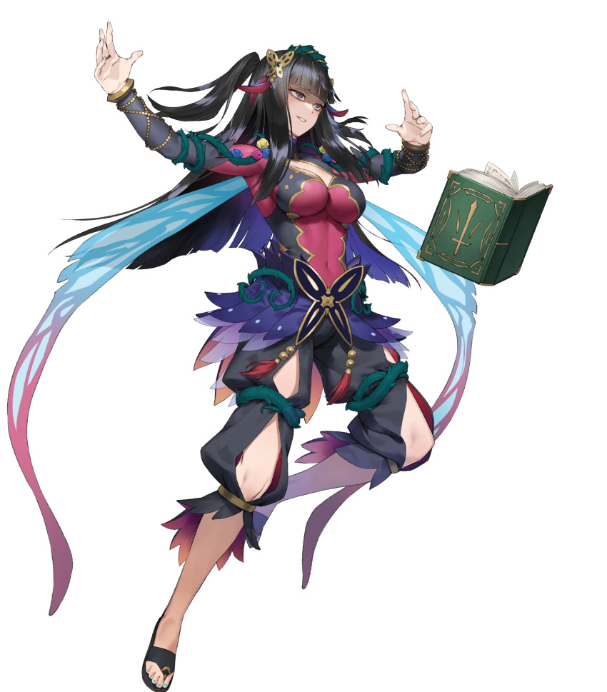 black_hair book breasts bridal_gauntlets chyko evil_smile fairy_wings feet female fire_emblem fire_emblem_fates fire_emblem_heroes floating floating_object full_body gold_trim gradient_clothes hair_ornament hands_up highres legs long_hair long_sleeves medium_breasts nail_polish non-web_source official_art open_book outstretched_arms pants parted_lips plant purple_eyes rhajat_(fire_emblem) rhajat_(resplendent)_(fire_emblem) sandals smile solo spread_arms thorns toeless_footwear toenail_polish toenails toes transparent_background two_side_up vines wings