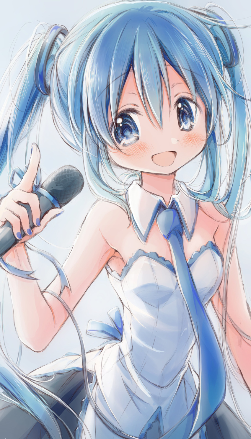 absurdres adapted_costume bad_id bad_twitter_id bare_shoulders black_skirt blue_eyes blue_hair blue_nails blue_necktie commentary detached_collar female hair_ornament hatsune_miku highres hitode holding holding_microphone light_blush long_hair microphone nail_polish necktie open_mouth pleated_skirt shirt skirt solo strapless strapless_shirt twintails upper_body very_long_hair vocaloid white_shirt