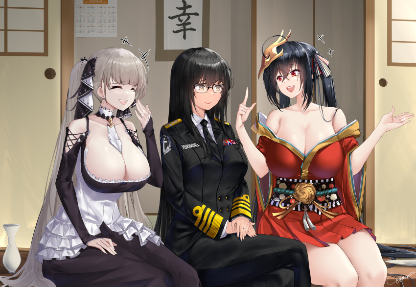 3girls absurdres azur_lane breasts cleavage commentary commission dress english_commentary female_commander_(azur_lane) formidable_(azur_lane) glasses grin happy highres irkawaza japanese_clothes jewelry kimono large_breasts long_hair mask mask_on_head military military_uniform multiple_girls naval_uniform necktie ring smile taihou_(azur_lane) talking twintails uniform