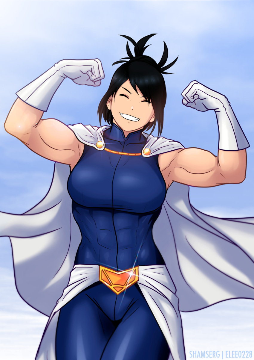 abs biceps black_hair bodysuit boku_no_hero_academia cape closed_eyes cloud collarbone colorized commentary commission elee0228 english_commentary female flexing gloves highres muscular muscular_female obliques pose second-party_source shamserg shimura_nana short_hair sky sleeveless sleeveless_bodysuit smile solo superhero_costume teeth tight_clothes watermark white_cape white_gloves