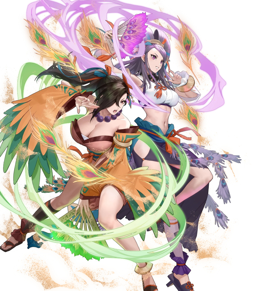 2girls bare_shoulders breasts brown_hair cleavage detached_sleeves ekao feathers fire_emblem fire_emblem_fates fire_emblem_heroes geta hair_over_one_eye hand_fan hand_up highres holding japanese_clothes jewelry kagero_(fire_emblem) kagero_(winds_offered)_(fire_emblem) kimono large_breasts legs long_hair midriff multiple_girls navel necklace non-web_source official_art open_mouth orochi_(fire_emblem) orochi_(winds_offered)_(fire_emblem) parted_lips ponytail purple_eyes purple_hair red_eyes sandals short_kimono side_slit skirt smile stomach teeth toeless_footwear toenails toes transparent_background wide_sleeves wind