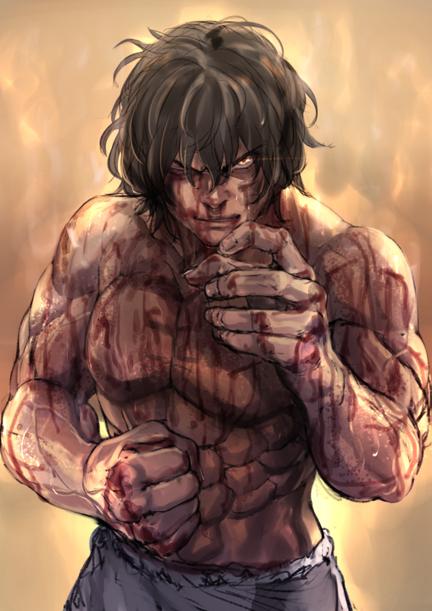 1boy abs black_hair blood clenched_hand cuts highres injury kengan_(series) kengan_ashura kilye_kairi looking_at_viewer male_focus muscular muscular_male nosebleed one_eye_closed pain scratches solo tokita_ouma topless_male yellow_eyes