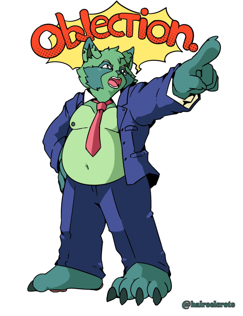 4_toes 5_fingers anthro bottomwear claws clothing dialogue english_text feet fingers fred_(fredrick_brennan) fur gesture green_body green_fur hairoelcroto hand_gesture hi_res male mammal navel necktie nipples open_mouth overweight overweight_anthro overweight_male pants pointing procyonid raccoon solo suit text toe_claws toes