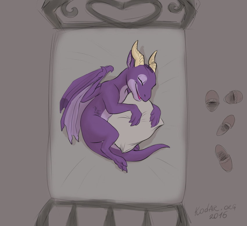 bed claws closed_eyes conditional_dnp dragon european_mythology female feral furniture horn kodardragon kodardragon_(character) lying membrane_(anatomy) membranous_wings mythological_creature mythological_scalie mythology pillow purple_body purple_skin scalie smile solo tail western_dragon wings