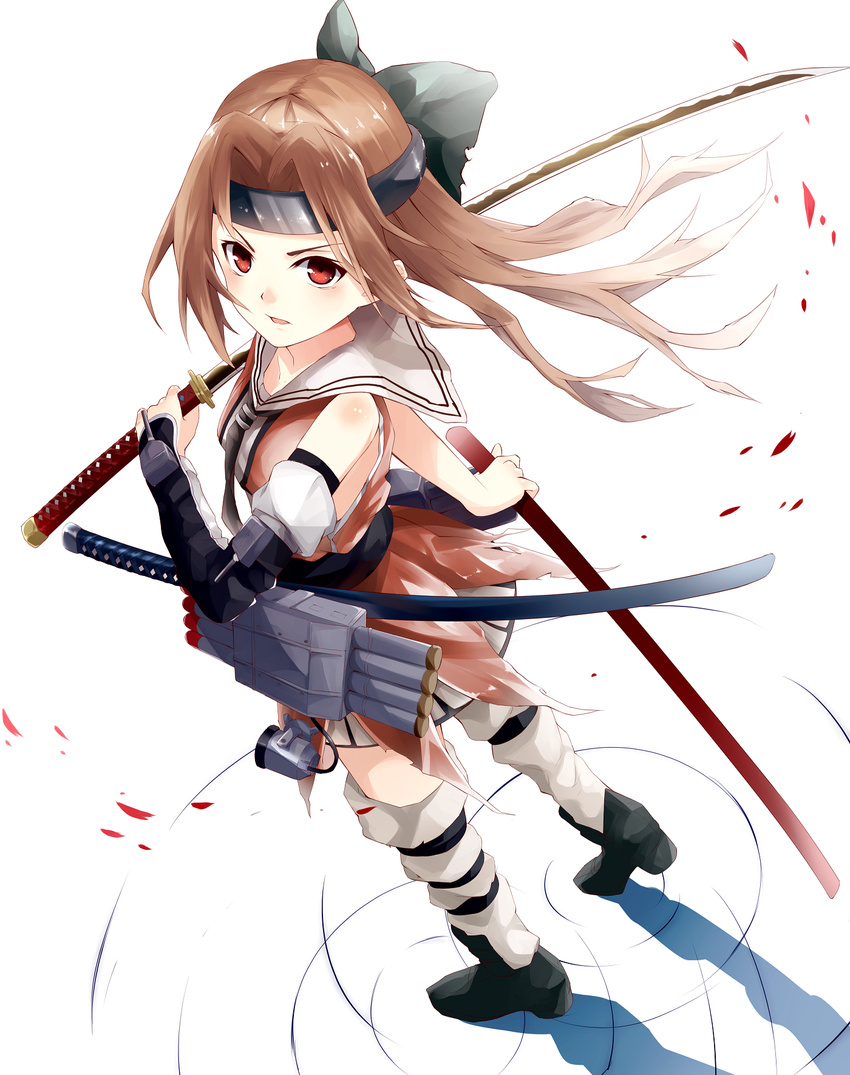 brown_eyes brown_hair commentary_request detached_sleeves female forehead_protector gloves hachimaki hair_intakes half_updo headband hidaka_kouyou highres holding holding_sheath holding_sword holding_weapon jintsuu_(kancolle) jintsuu_kai_ni_(kancolle) kantai_collection katana long_hair ootachi ripples searchlight sheath sheathed solo sword tachi_(weapon) unsheathed weapon