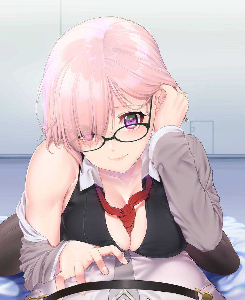 1boy absurdres bare_shoulders between_breasts black-framed_eyewear black_pantyhose breast_press breasts chaldea_uniform cleavage closed_mouth collarbone collared_shirt commentary_request eyes_visible_through_hair fate/grand_order fate_(series) female glasses highres hisayaki_kyuu indoors large_breasts lips looking_at_viewer loose_necktie lying mash_kyrielight necktie off_shoulder on_stomach open_collar pantyhose pink_hair pov purple_eyes red_necktie shirt short_hair sleeveless sleeveless_shirt smile solo_focus wing_collar